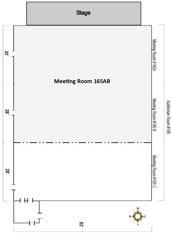 Graphic representing a large rectangular room separated into 3 equal sections with two rooms shaded.