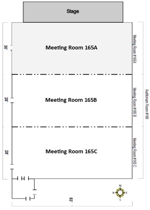 Graphic representing a large rectangular room separated into 3 equal sections.