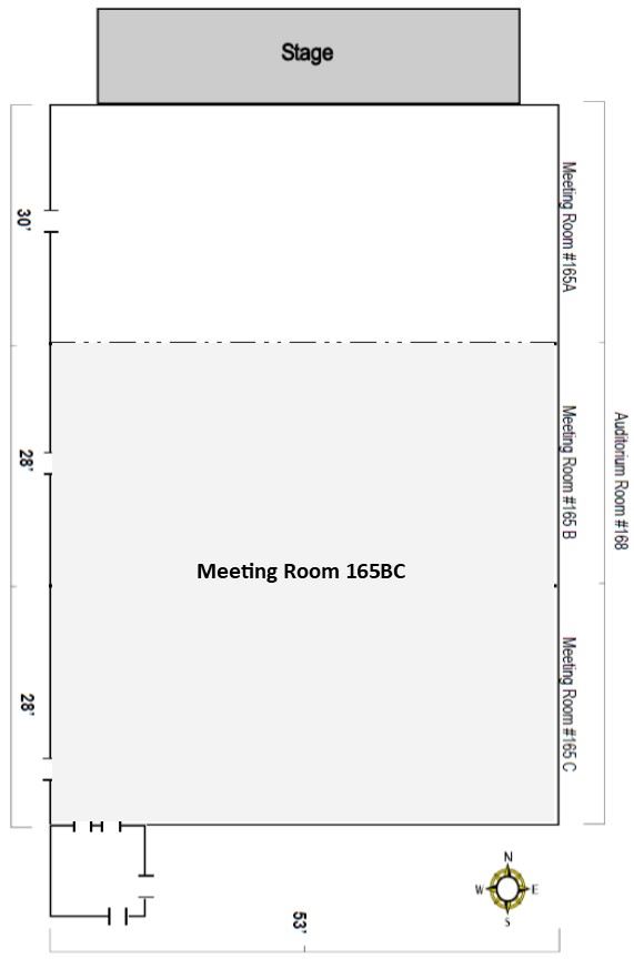 Graphic representing a large rectangular room separated into 3 equal sections with two rooms shaded.