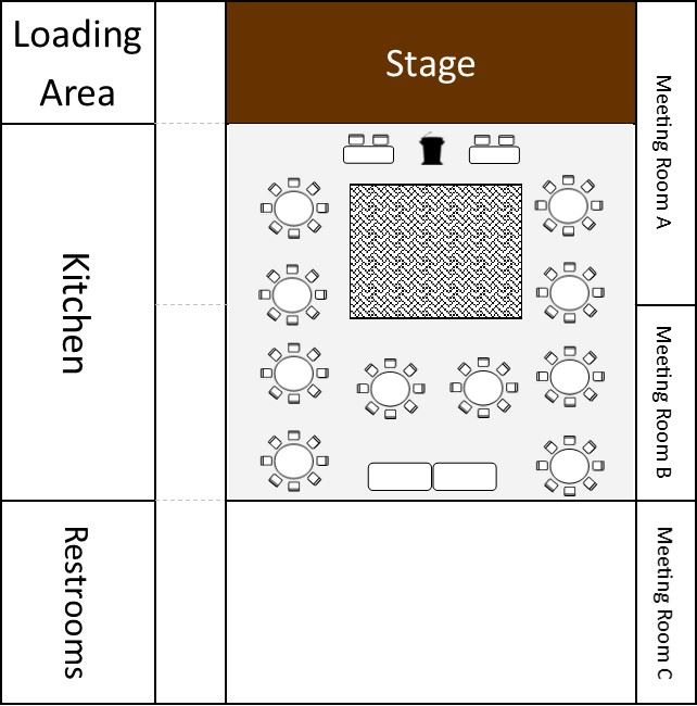 2/3rds of Meeting Room filled with a dance floor center and round tables 
