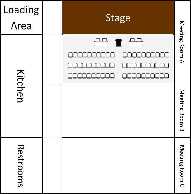 3 Rows of 20 chairs with center isle in middle
