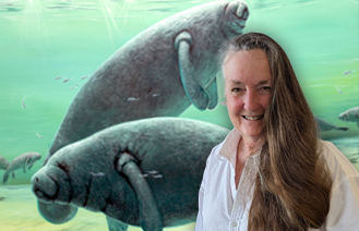 Julie Beaumont Artist in front of her Manatee painting