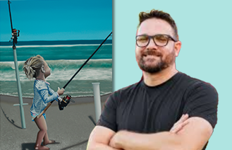 victor dipilato in front of his art