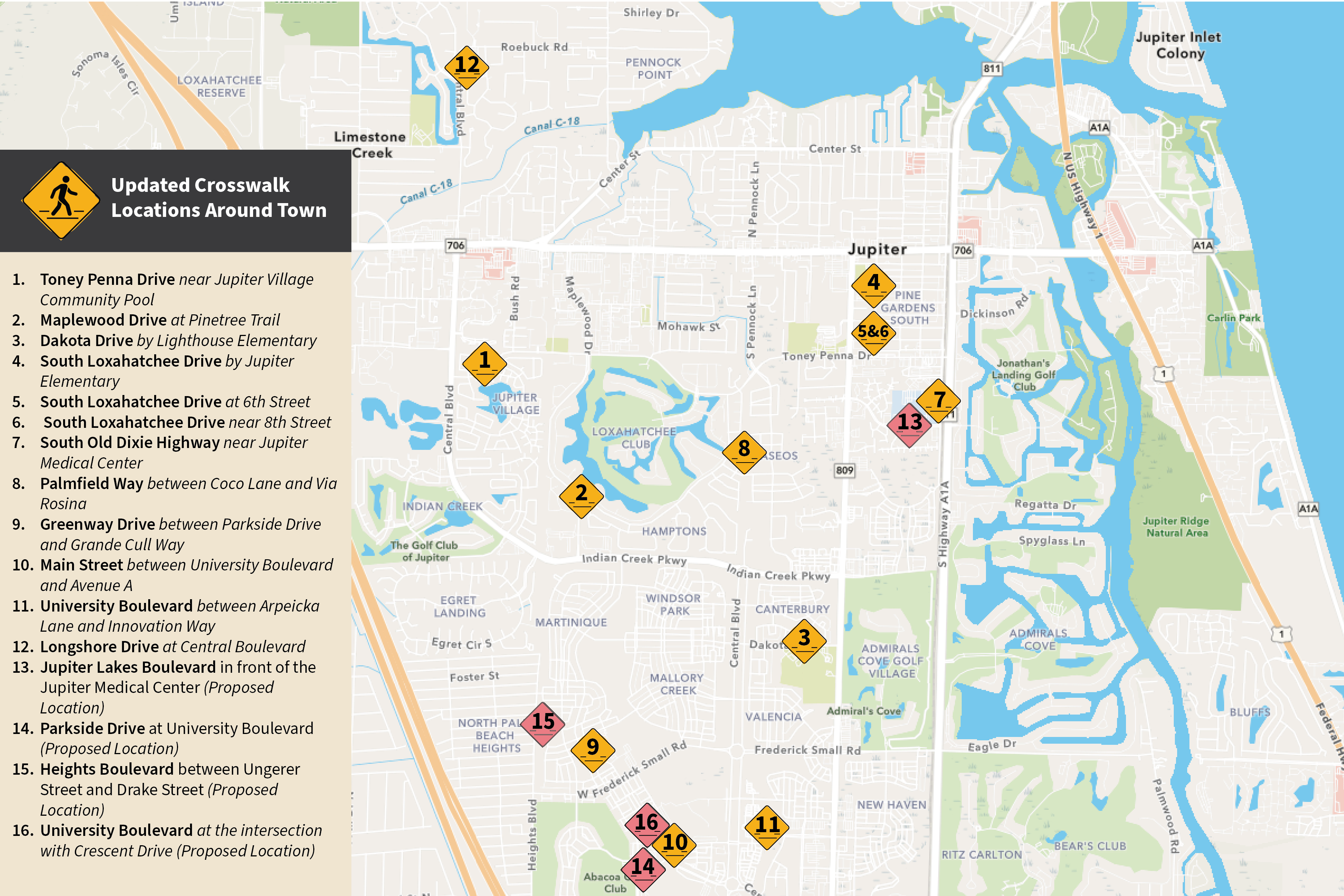 Map of Crosswalk locations throughout Jupiter
